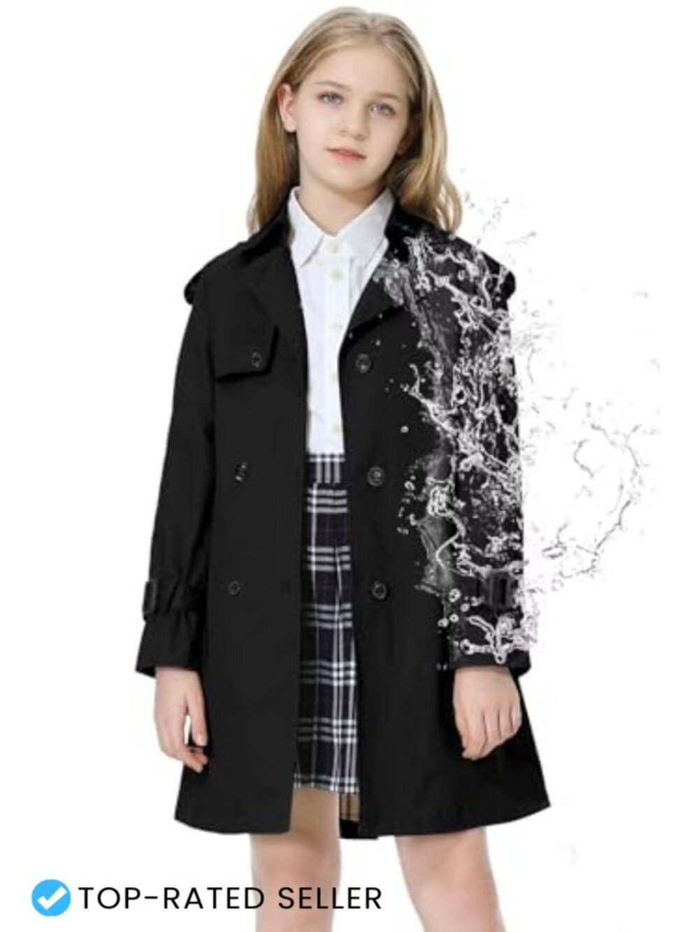 Girls Waterproof Trench Coat Double Breasted Belted Windbreaker